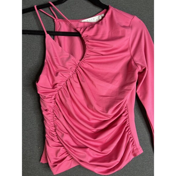 ASTR One Long Sleeve Top Blouse Pink Ruched Gathered Front Stretch Women XS - Picture 4 of 8